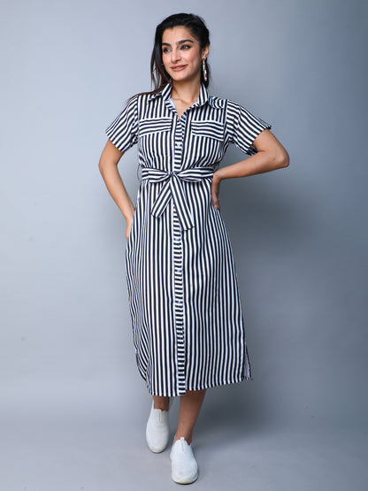 Sway In Stripes Midi  Shirt Dress -Black