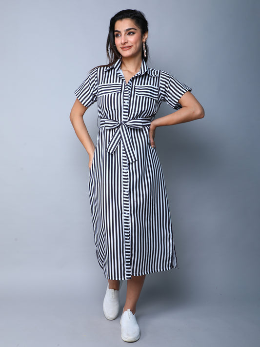 Sway In Stripes Midi  Shirt Dress -Black