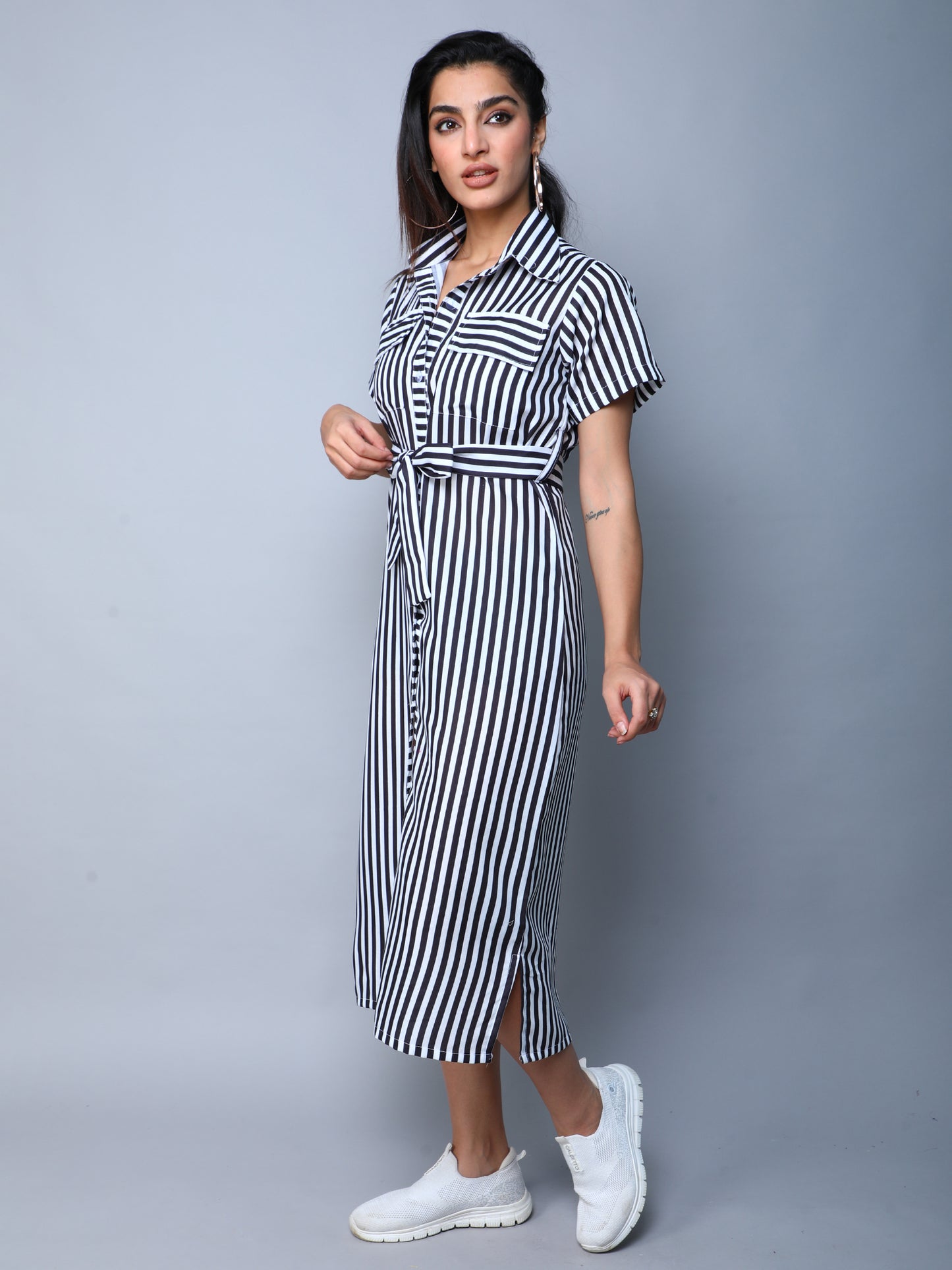 Sway In Stripes Midi  Shirt Dress -Black