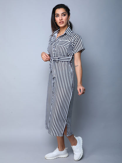 Sway In Stripes Midi  Shirt Dress -Black