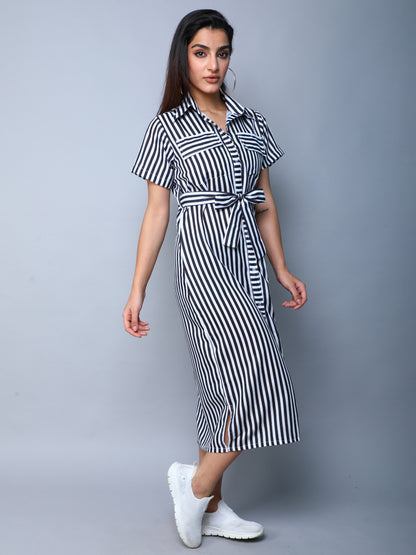 Sway In Stripes Midi  Shirt Dress -Black