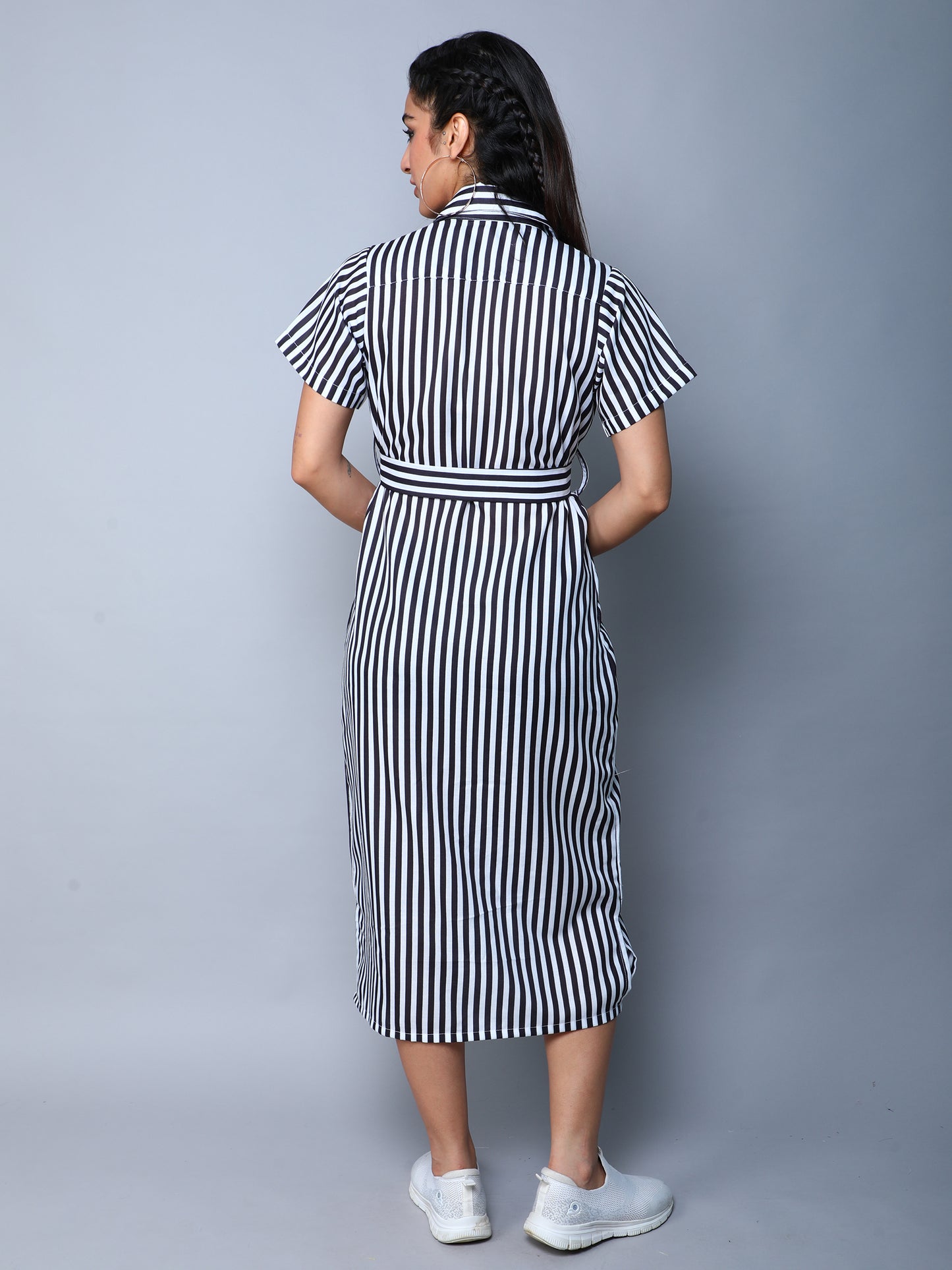 Sway In Stripes Midi  Shirt Dress -Black