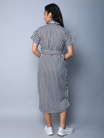 Sway In Stripes Midi  Shirt Dress -Black