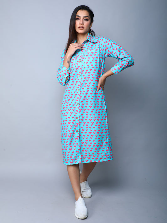 Heart Beat Shirt Dress -Teal