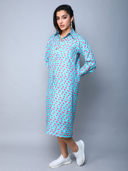 Heart Beat Shirt Dress -Teal