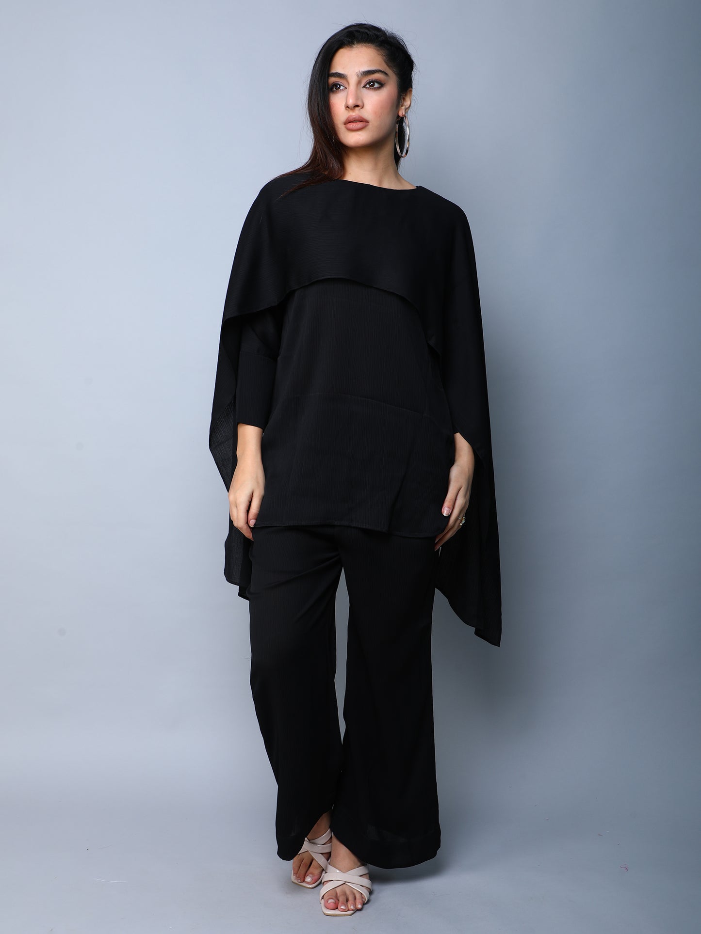 Solid Black Cape Style Co-Ord Set (Top & Pant)