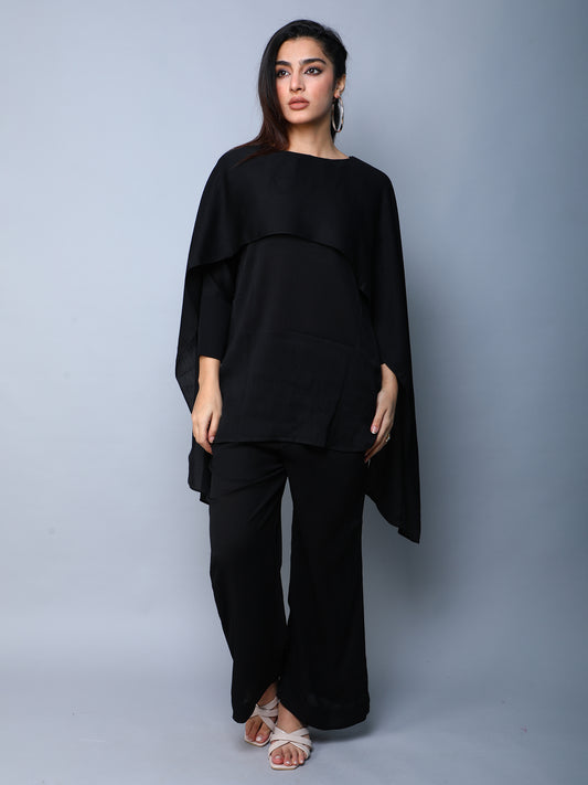 Solid Black Cape Style Co-Ord Set (Top & Pant)