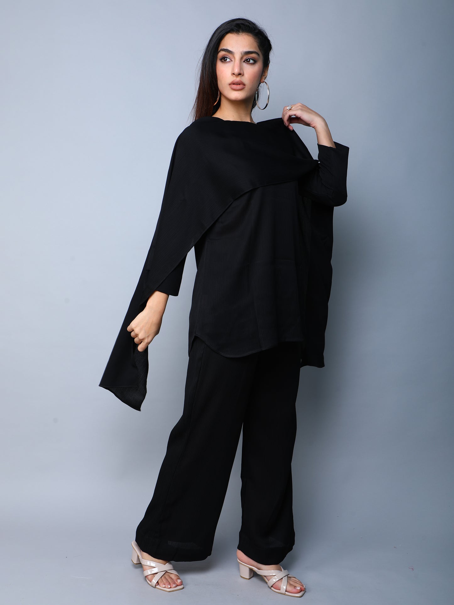 Solid Black Cape Style Co-Ord Set (Top & Pant)