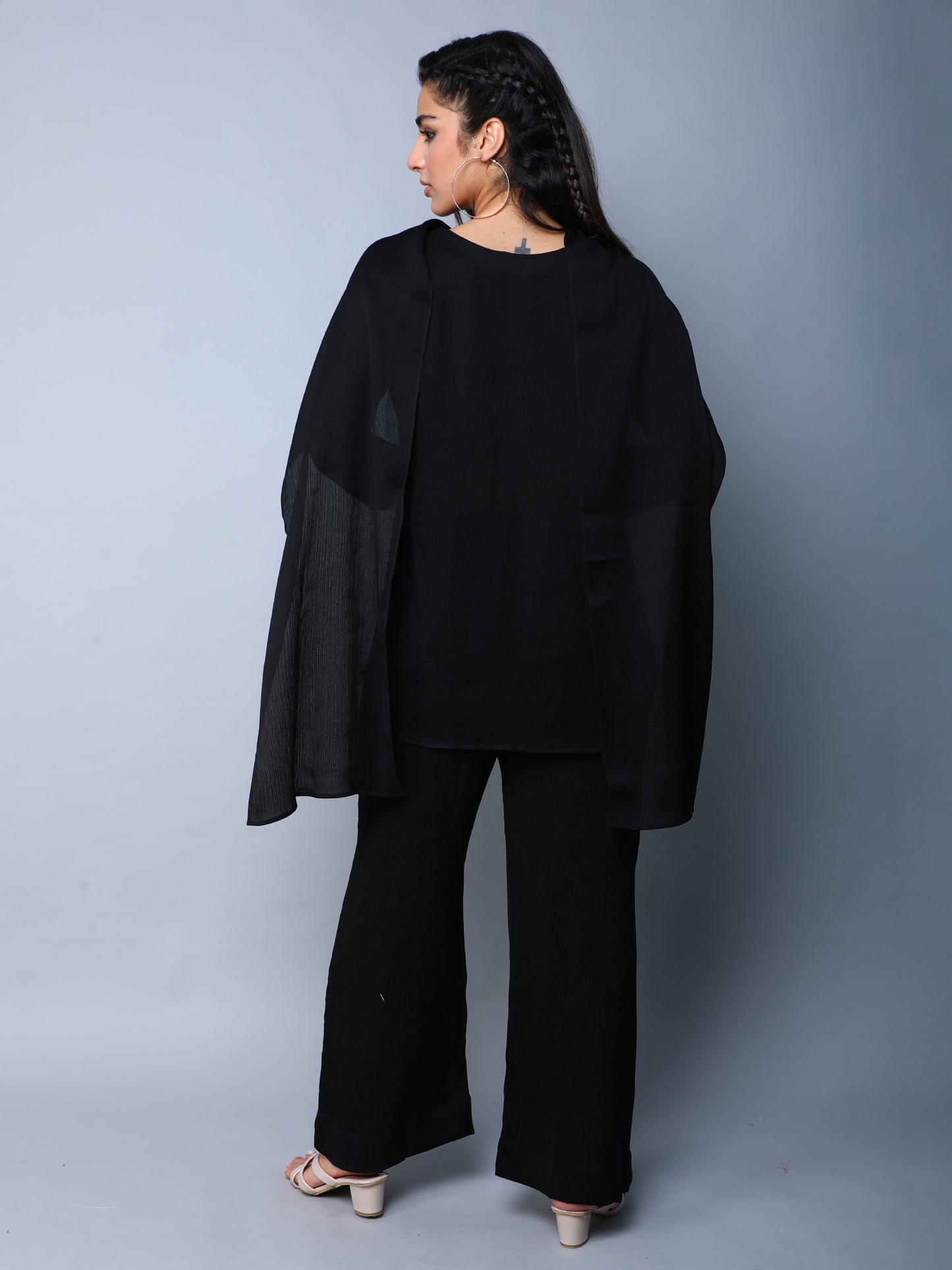 Solid Black Cape Style Co-Ord Set (Top & Pant)