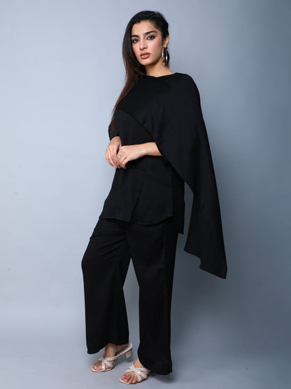 Solid Black Cape Style Co-Ord Set (Top & Pant)