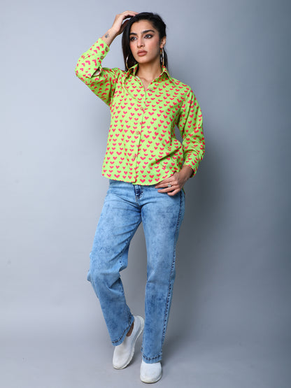 Lime Button-Down Shirt with Pink Heart Print