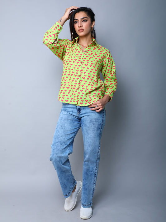 Lime Button-Down Shirt with Pink Heart Print