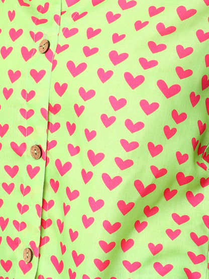 Lime Button-Down Shirt with Pink Heart Print
