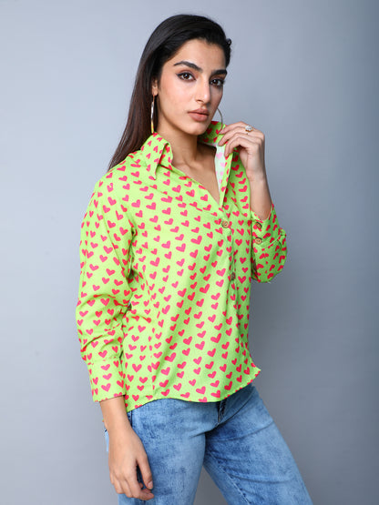 Lime Button-Down Shirt with Pink Heart Print