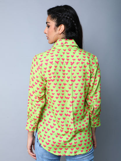 Lime Button-Down Shirt with Pink Heart Print