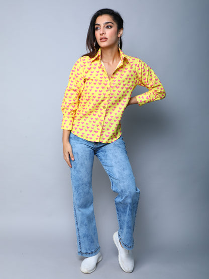 Yellow Button-Down Shirt with Pink Heart Print