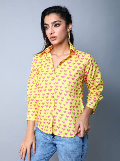 Yellow Button-Down Shirt with Pink Heart Print