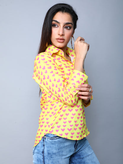 Yellow Button-Down Shirt with Pink Heart Print