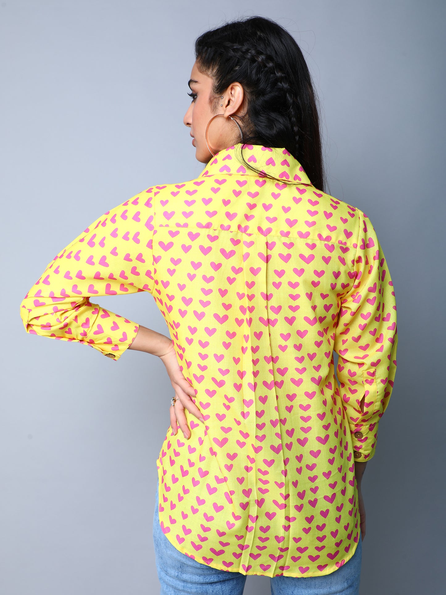 Yellow Button-Down Shirt with Pink Heart Print