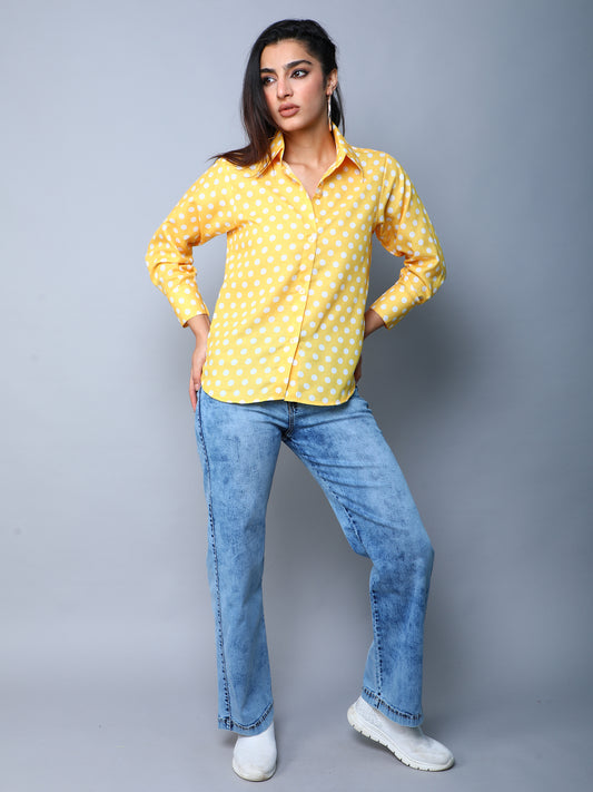 Yellow Button-Down Shirt with White Polka Dots