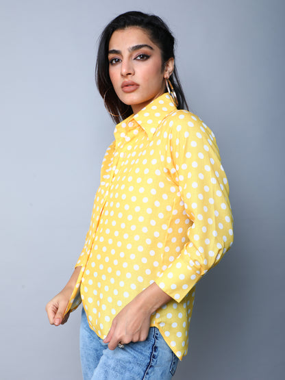 Yellow Button-Down Shirt with White Polka Dots