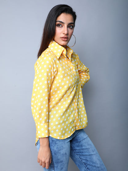 Yellow Button-Down Shirt with White Polka Dots