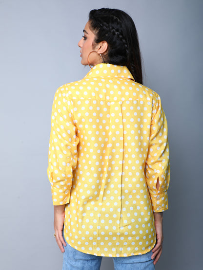 Yellow Button-Down Shirt with White Polka Dots
