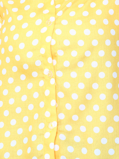 Yellow Button-Down Shirt with White Polka Dots