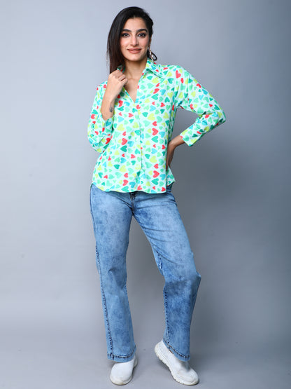 Multicolor Heart Print Casual Shirt- Aqua