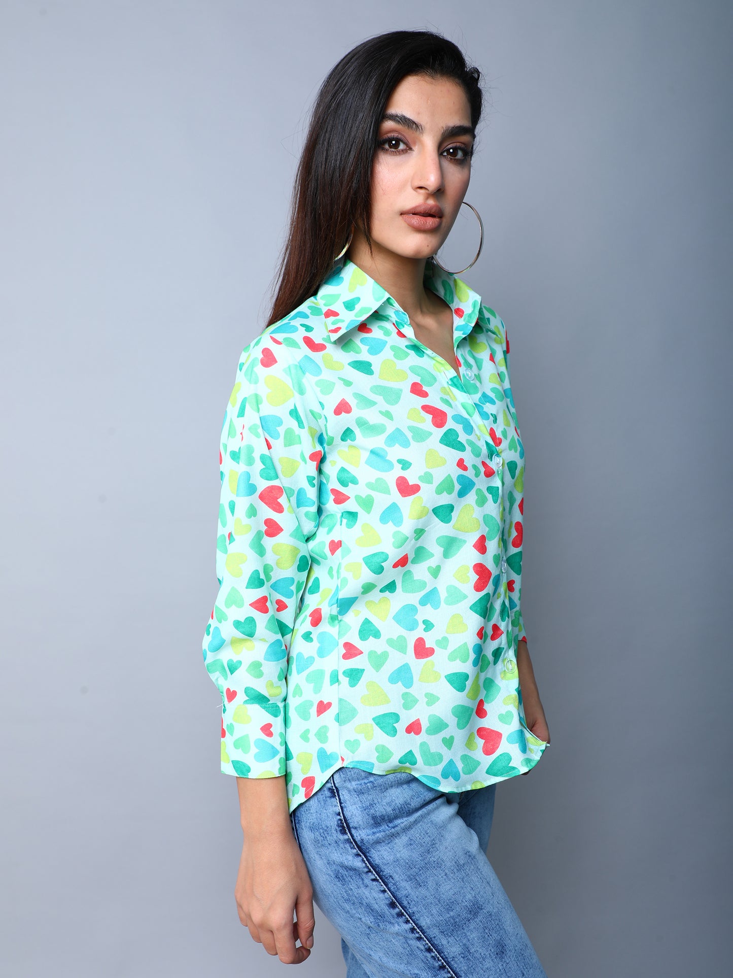 Multicolor Heart Print Casual Shirt- Aqua