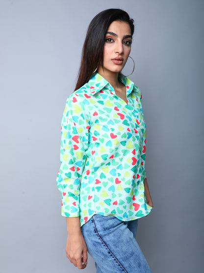 Multicolor Heart Print Casual Shirt- Aqua