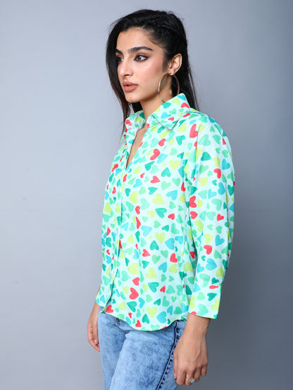 Multicolor Heart Print Casual Shirt- Aqua