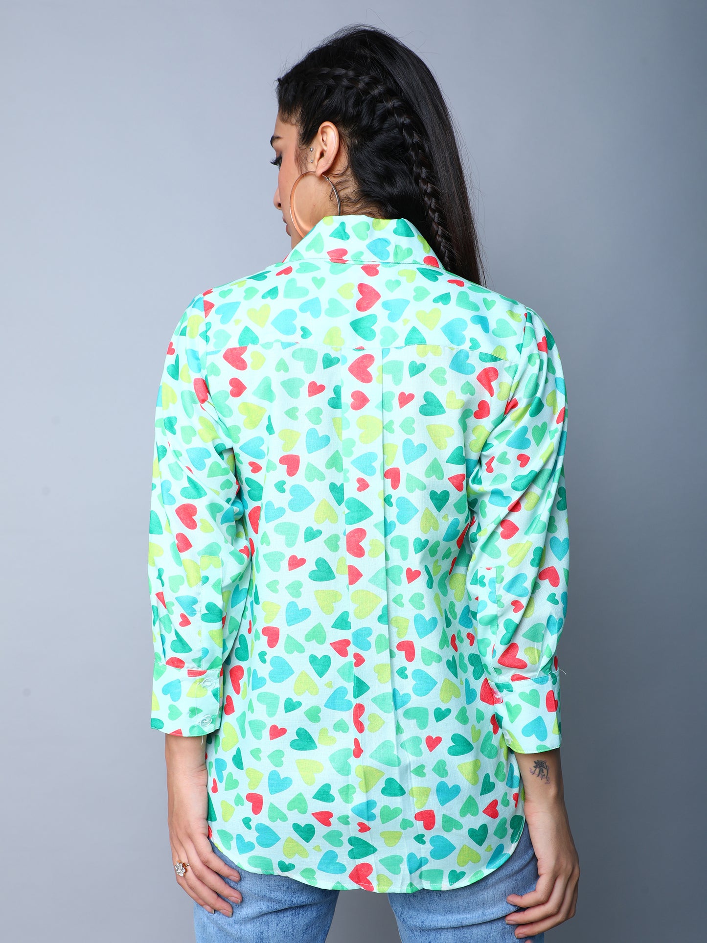 Multicolor Heart Print Casual Shirt- Aqua