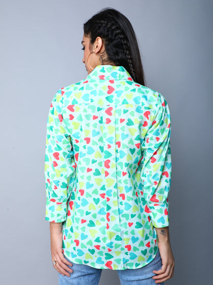 Multicolor Heart Print Casual Shirt- Aqua