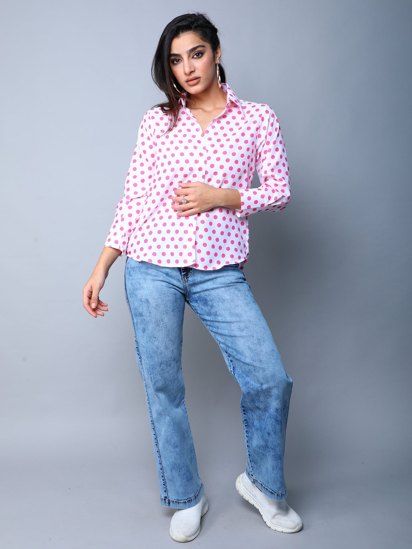 Pink Button-Down Shirt with White Polka Dots