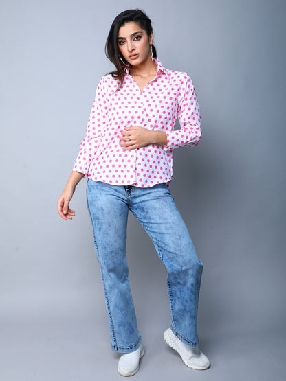 Pink Button-Down Shirt with White Polka Dots