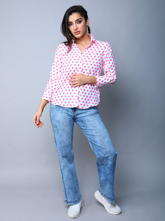 Pink Button-Down Shirt with White Polka Dots