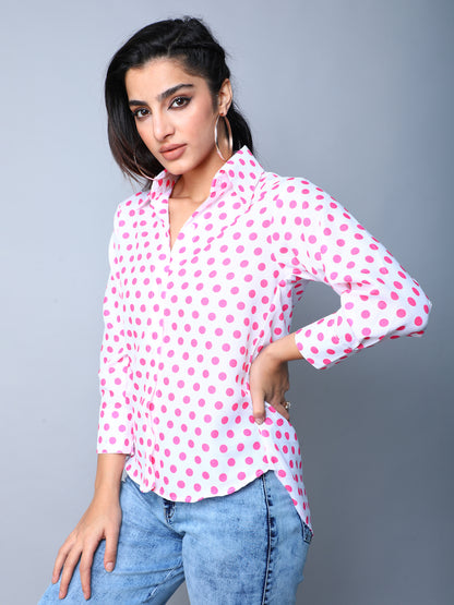 Pink Button-Down Shirt with White Polka Dots