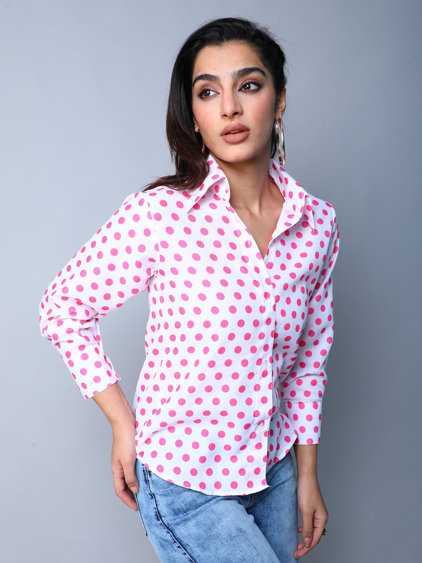 Pink Button-Down Shirt with White Polka Dots