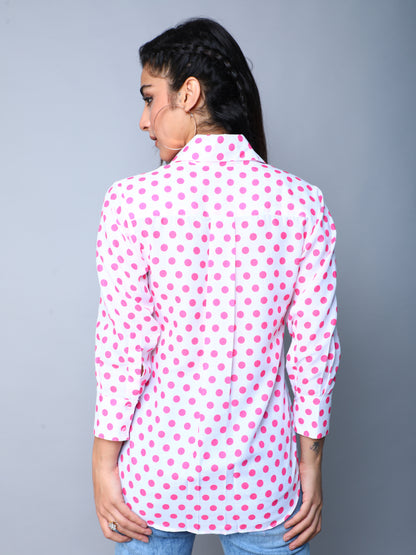 Pink Button-Down Shirt with White Polka Dots