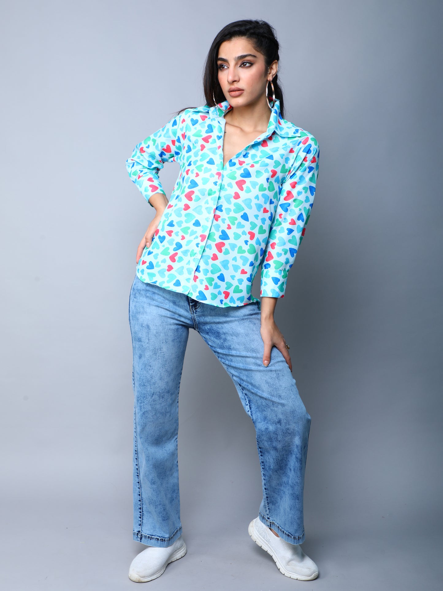 Women’s Multicolor Heart Print Casual Shirt- Blue
