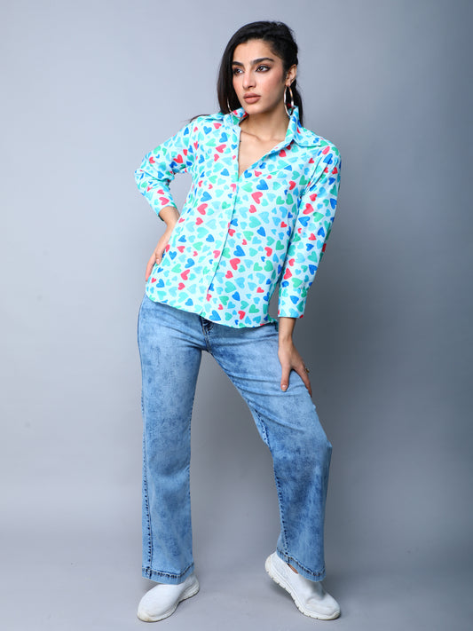 Women’s Multicolor Heart Print Casual Shirt- Blue