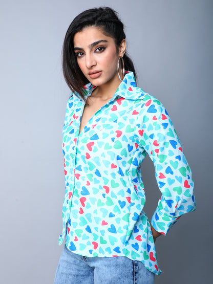 Women’s Multicolor Heart Print Casual Shirt- Blue