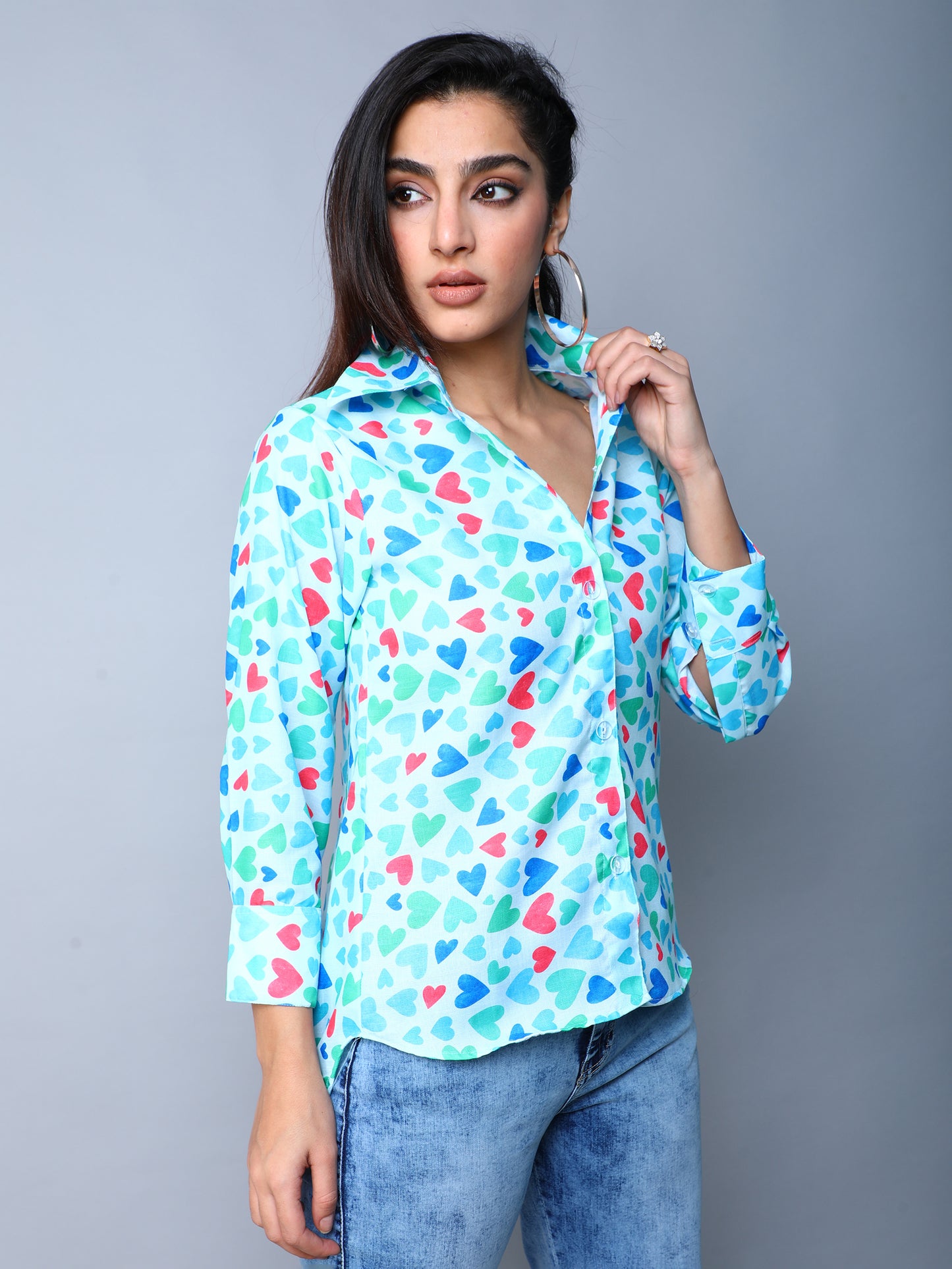 Women’s Multicolor Heart Print Casual Shirt- Blue