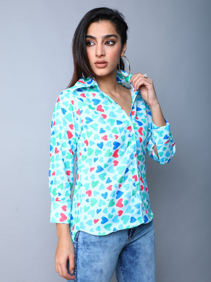 Women’s Multicolor Heart Print Casual Shirt- Blue