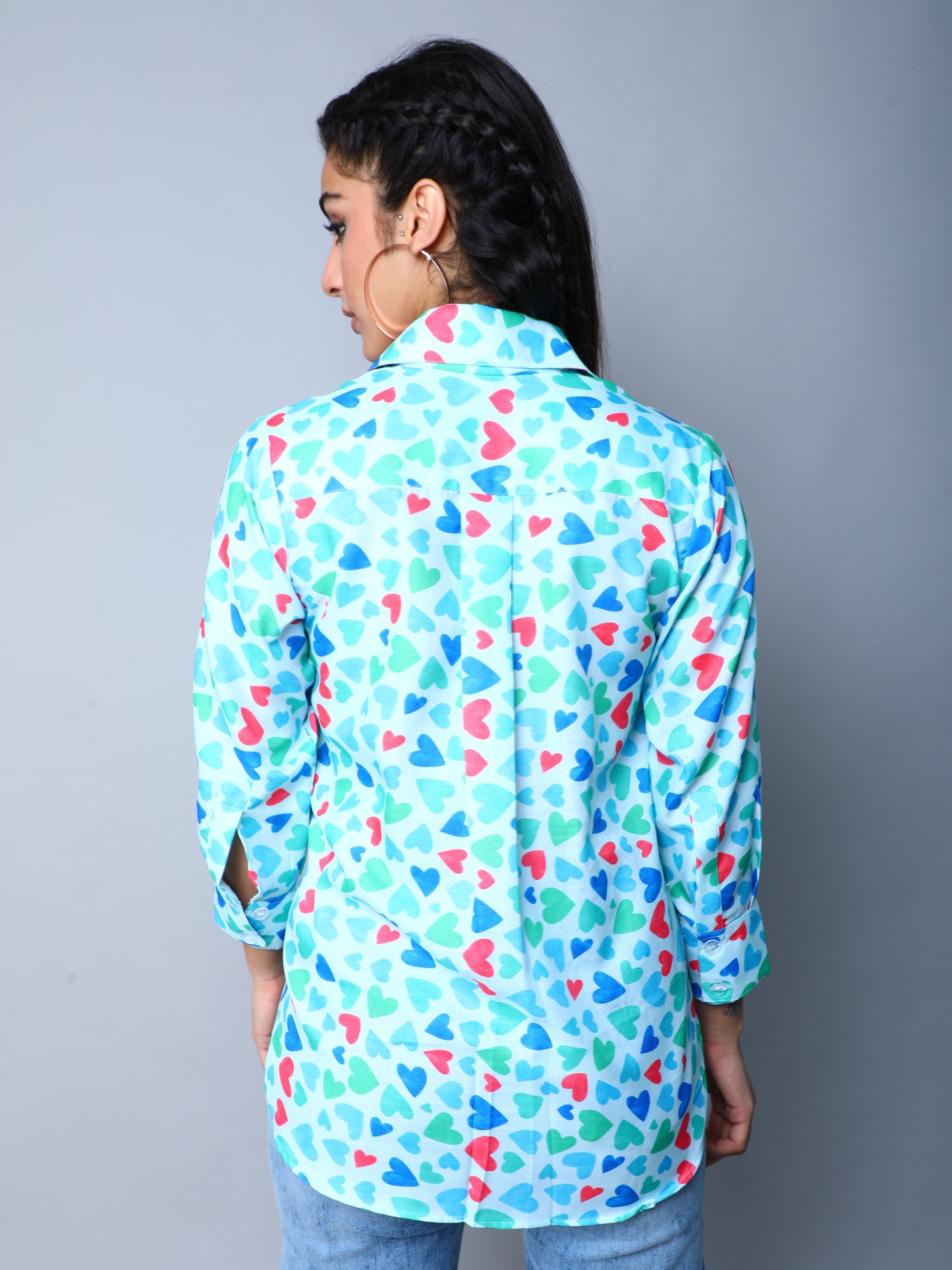 Women’s Multicolor Heart Print Casual Shirt- Blue
