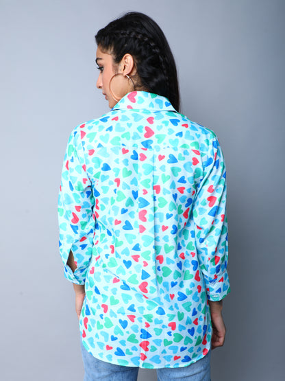 Women’s Multicolor Heart Print Casual Shirt- Blue