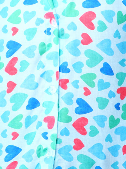 Women’s Multicolor Heart Print Casual Shirt- Blue