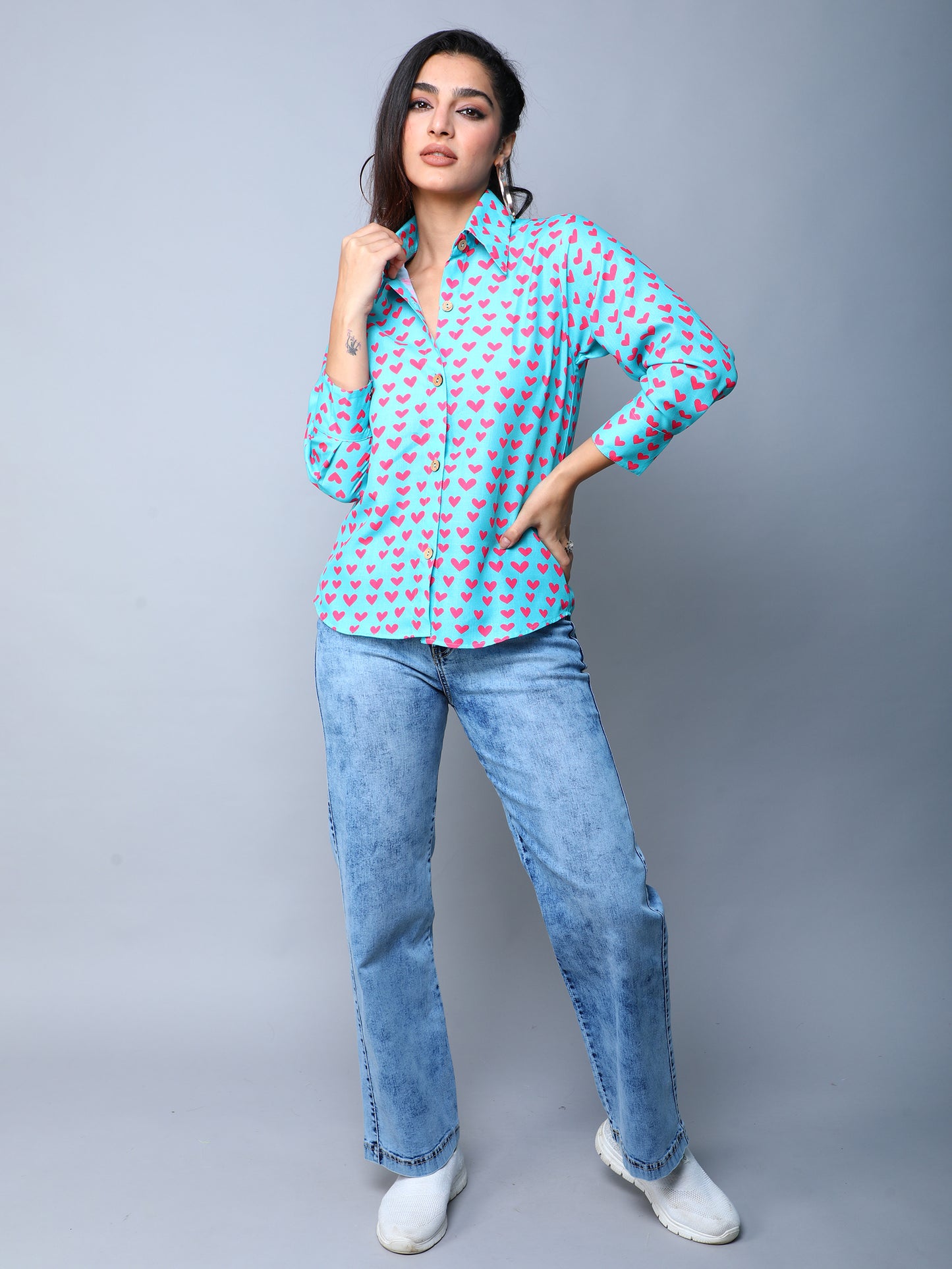 Teal Button-Down Shirt with Pink Heart Print