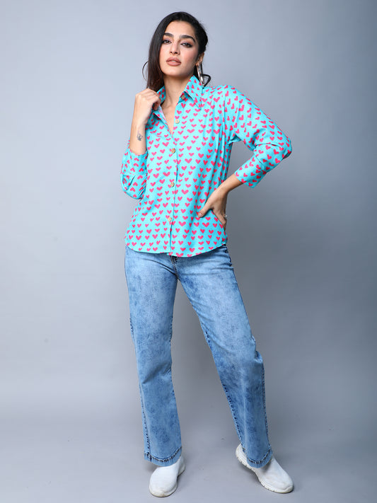 Teal Button-Down Shirt with Pink Heart Print